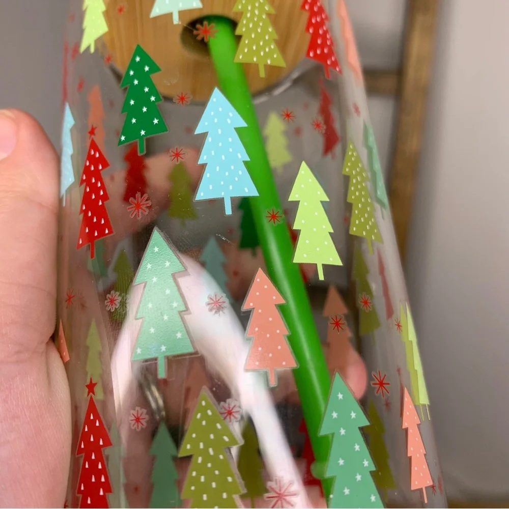 Hobby Lobby Festive Tree Glass Tumbler with Bamboo Lid and Green Straw